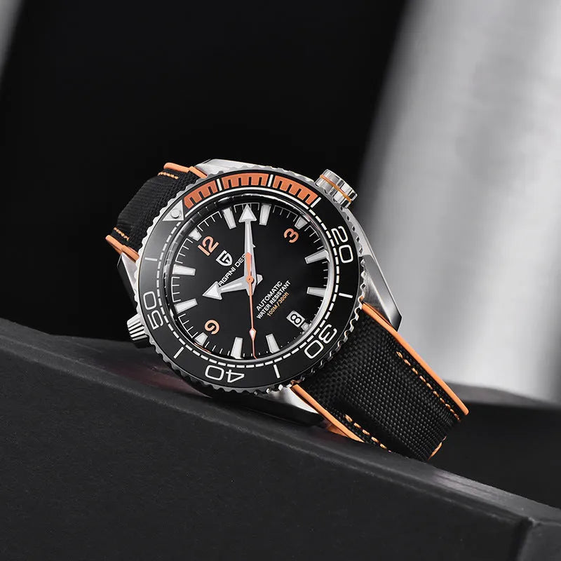 Men's mechanical watch with rotatable digital bezel, luminous dial, synthetic sapphire glass, and nylon rubber strap