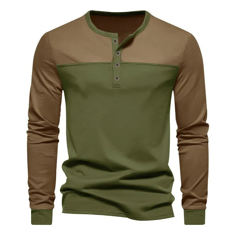 Men's long-sleeve henley collar casual shirt in a retro colour-block design