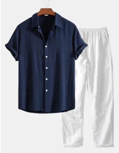 Women's navy blue cotton linen summer suit set with half sleeves, trousers and matching accessories
