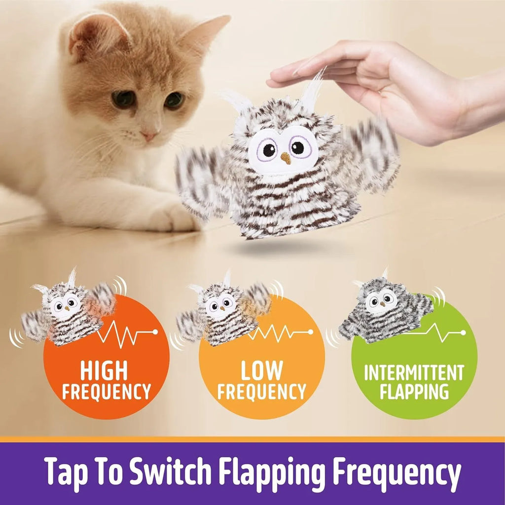 Gray owl-shaped automatic cat toy with flapping wings for indoor feline entertainment