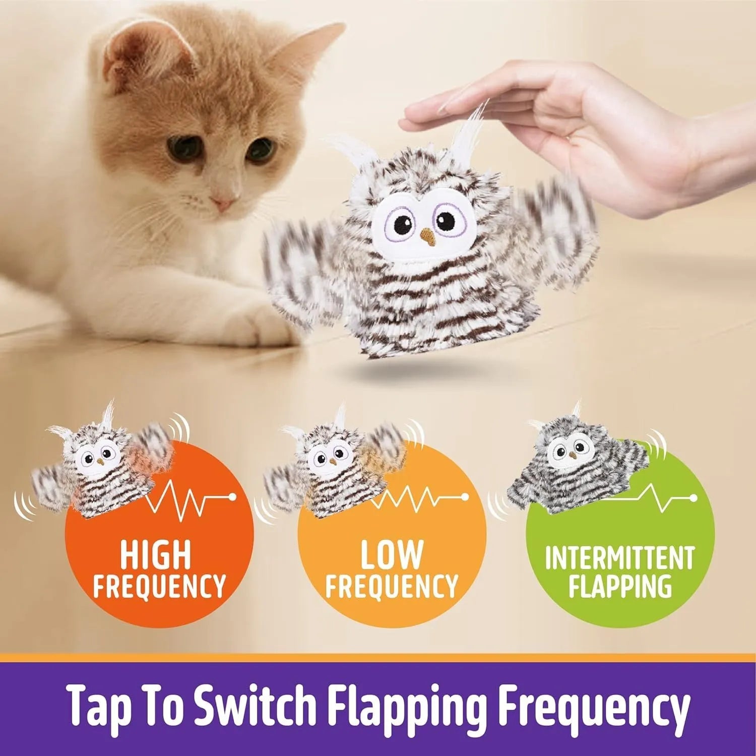 Gray owl-shaped automatic cat toy with flapping wings for indoor feline entertainment