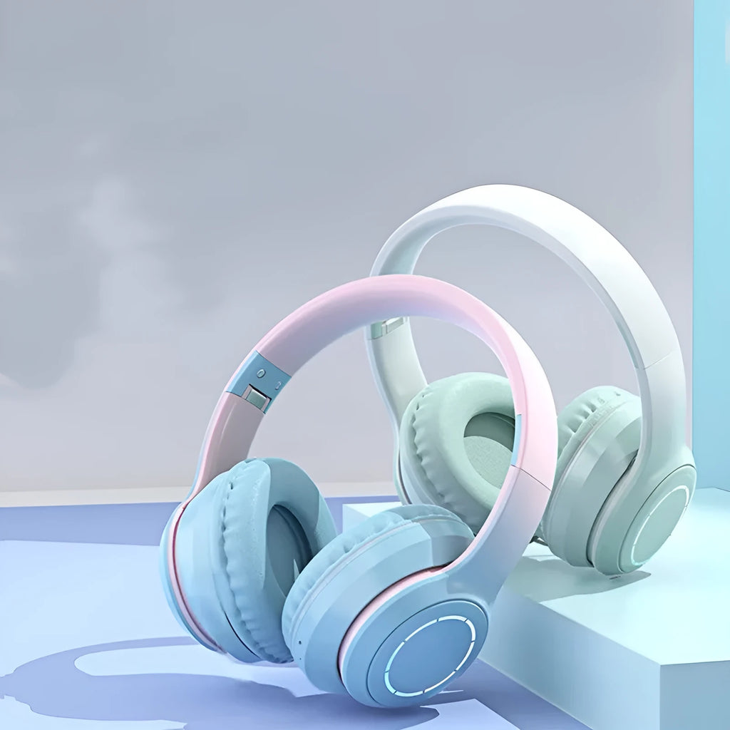 Gradient foldable wireless Bluetooth headset in blue with ear cushions and padded headband