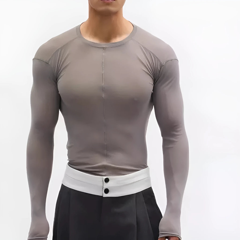 Black mesh see-through slim-fit pullover with long sleeves and a round collar.