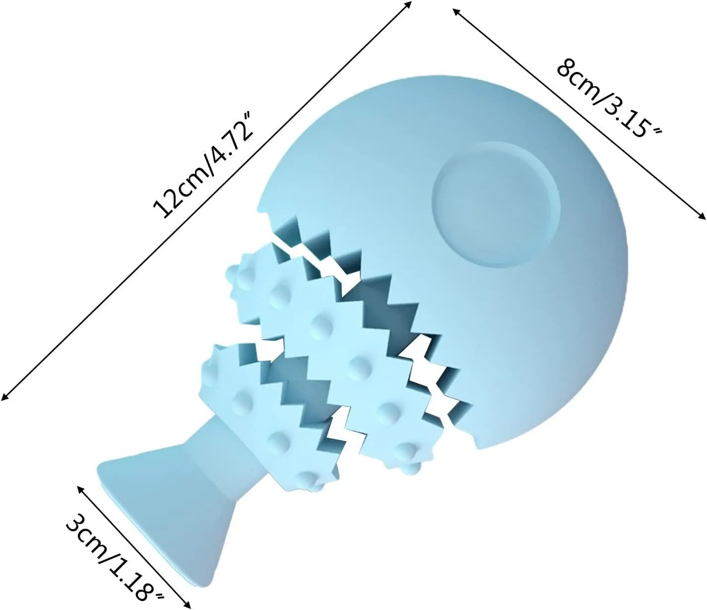 Blue fish bone shaped dog chew toy with hollow centre for treats, shown next to a green and pink version.
