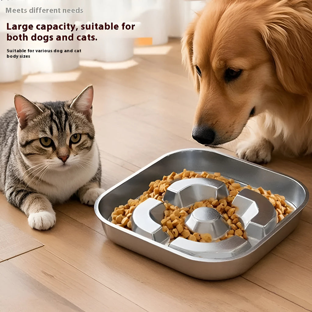 Square stainless steel slow feeding bowl with bone pattern interior for dogs and cats