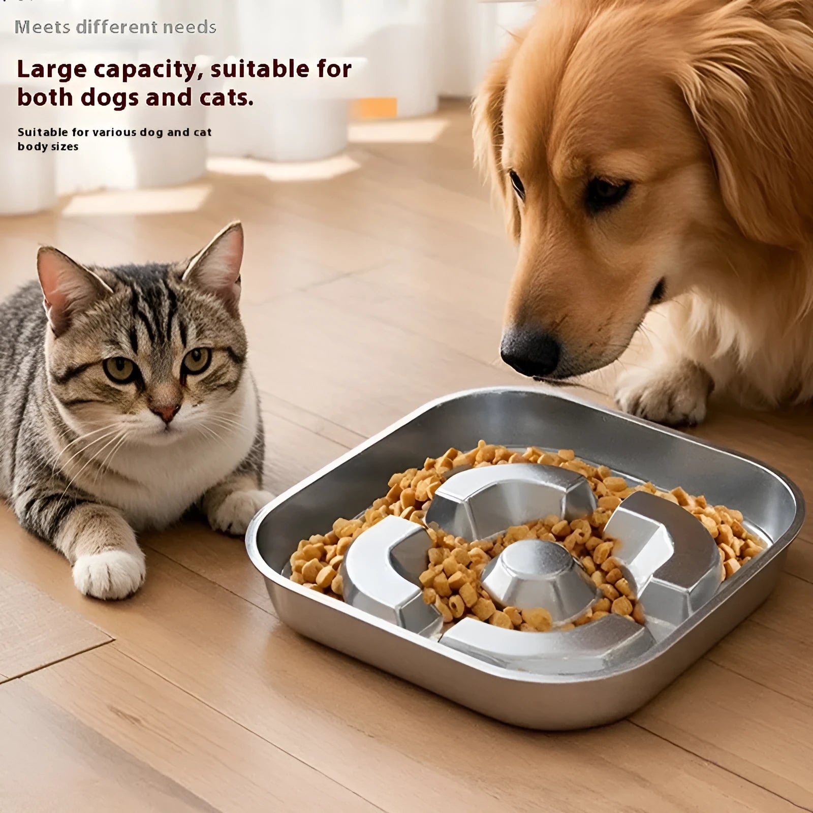 Square stainless steel slow feeding bowl with bone pattern interior for dogs and cats