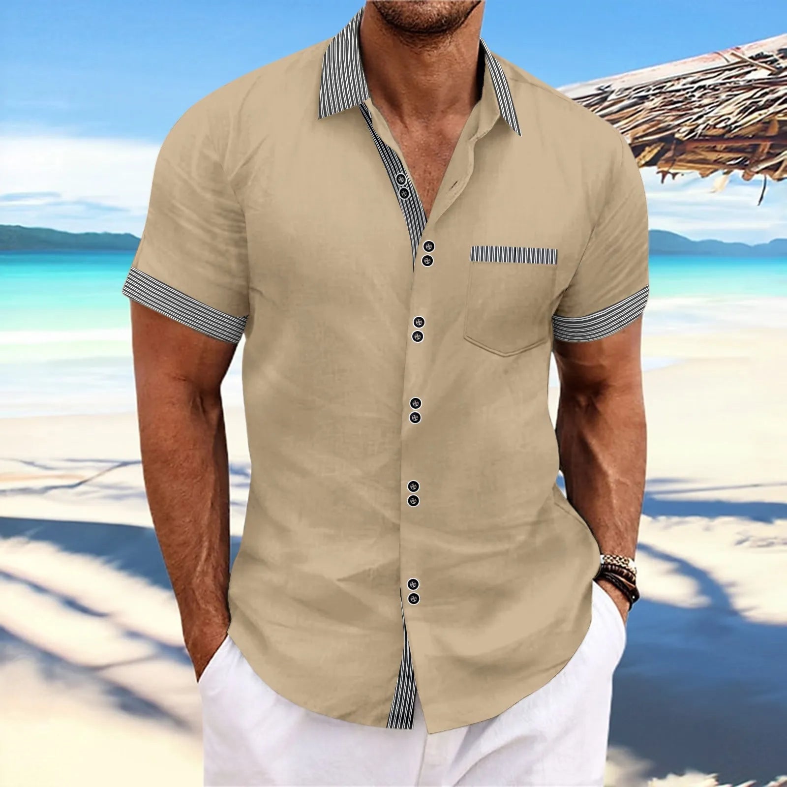 Men's pure cotton striped slim fit casual shirt with double-button short sleeves in light blue colour