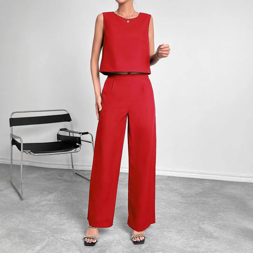 Red sleeveless top and wide leg pants two-piece outfit set for women.