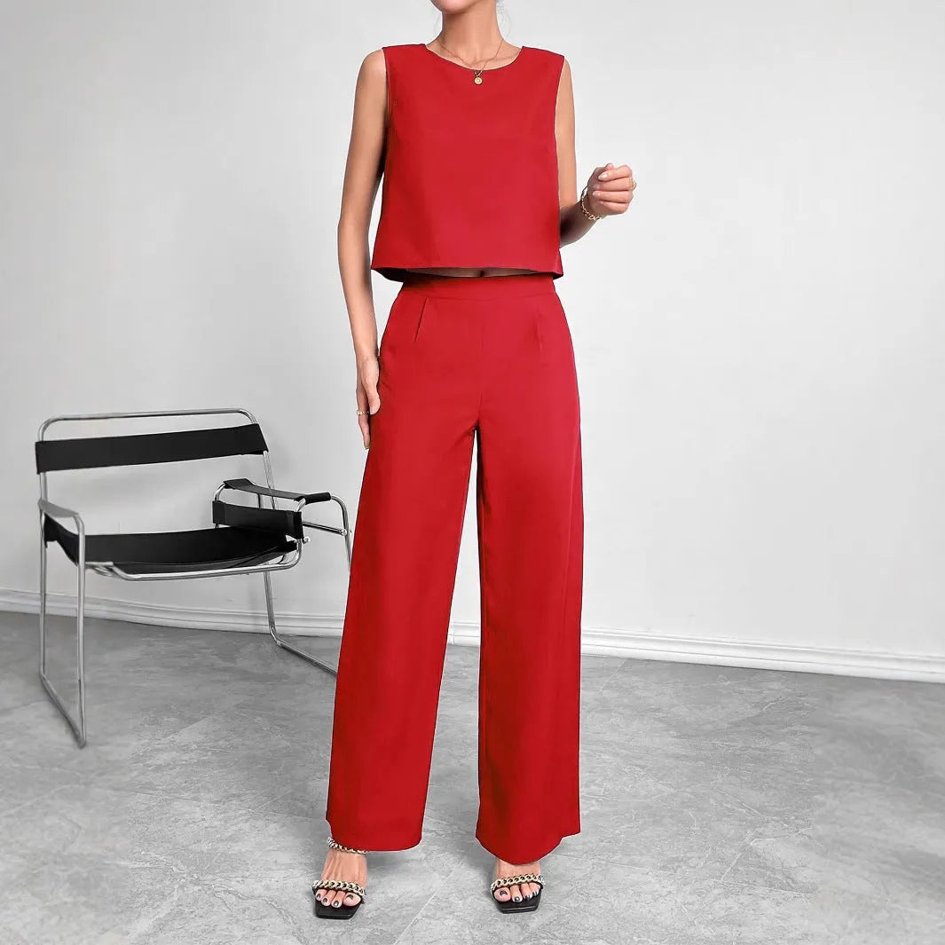 Red sleeveless top and wide leg pants two-piece outfit set for women.