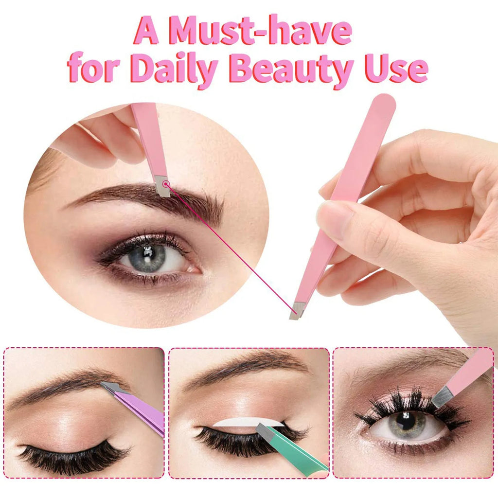Six-piece stainless steel eyebrow tweezer set with slanted tips, curved scissors, brush, and leather case