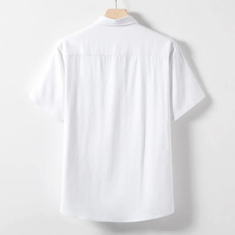 Men's loose lapel linen T-shirt in hemp blend fabric, shown in optic linen colour.