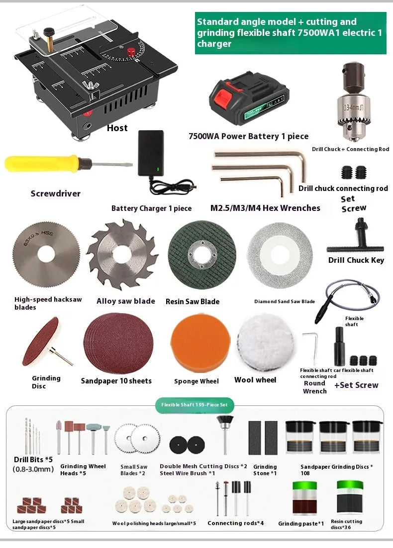 Lithium ion micro household desktop saw with metal construction and angle package for portable cutting