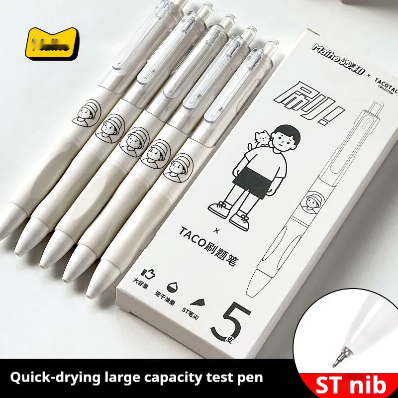 Five white ballpoint pens with 0.5mm black ink tips for student writing and exam use