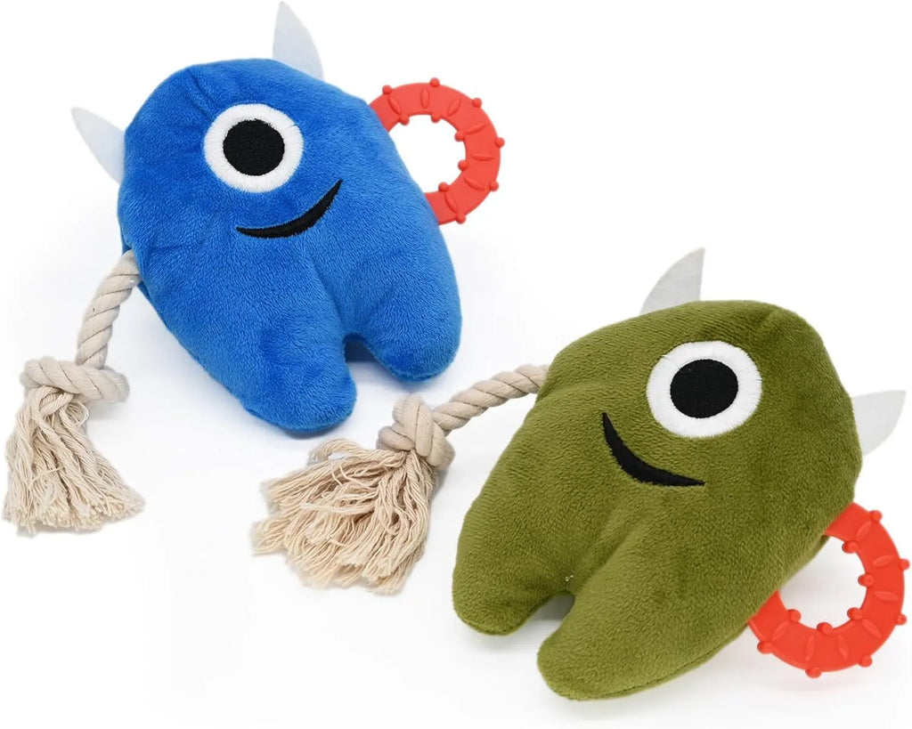 Blue and green plush dog toy with cotton rope segments and squeaker for chewing and tugging