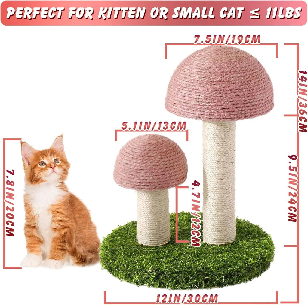 Pink mushroom-shaped cat scratching post with sisal caps and pole for small cats.