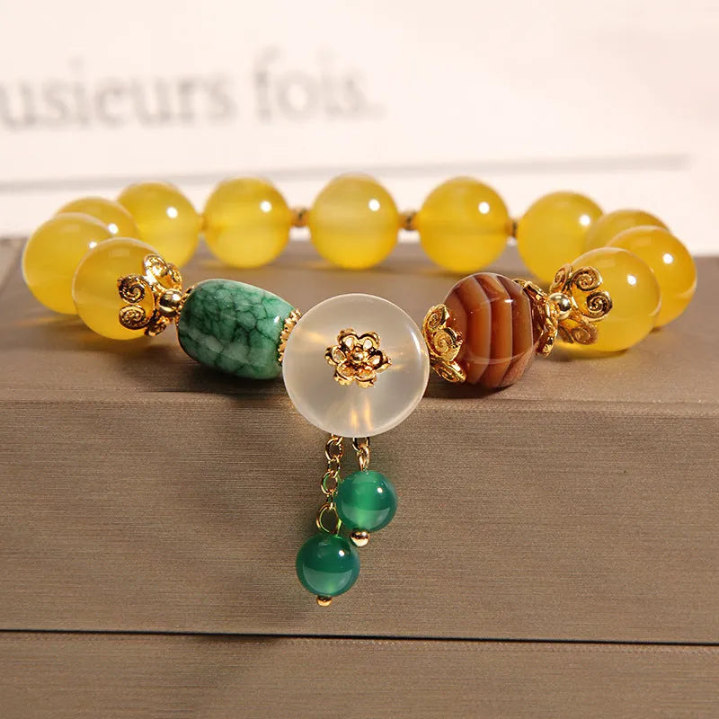 Yellow agate crystal beads on gold silk adjustable bracelet for women
