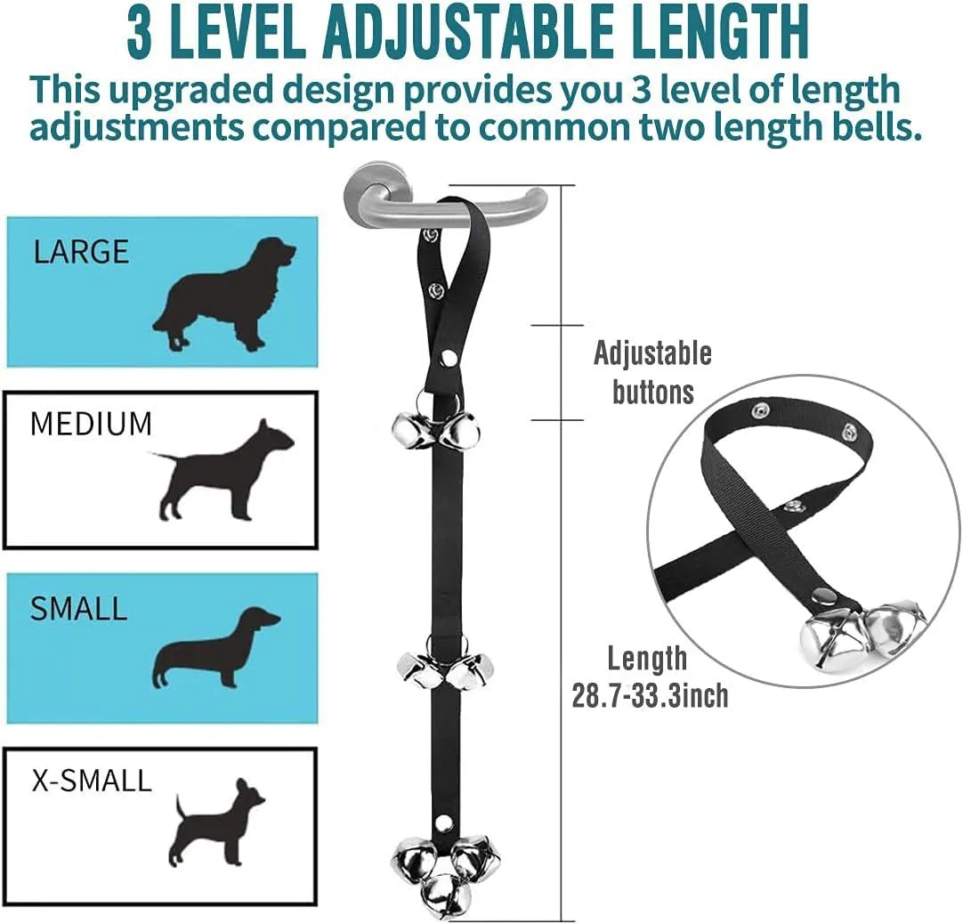 Adjustable dog training doorbell with seven large silver metal bells on a nylon strap.