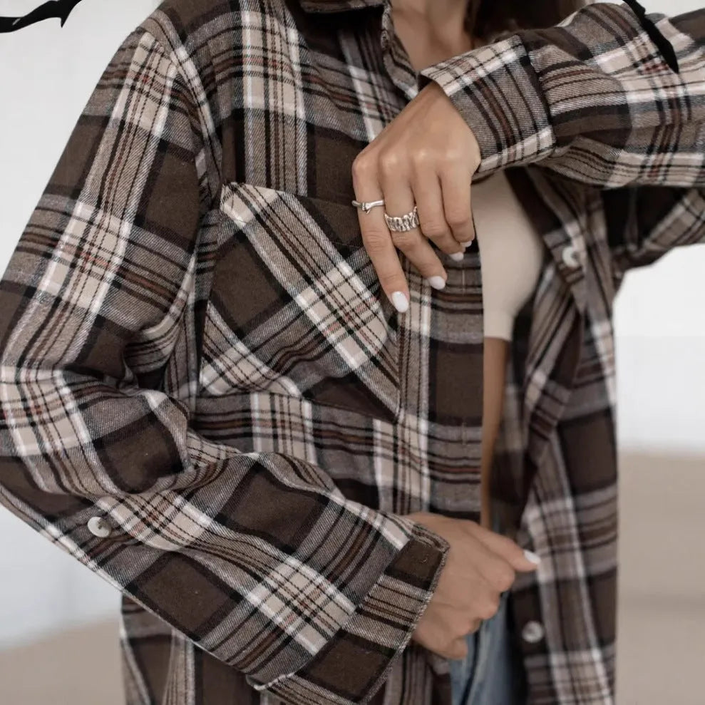 Dark brown retro striped women's cotton shirt with plaid pattern and long sleeves