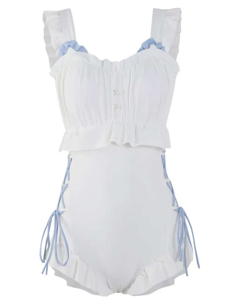 Milky White backless one-piece swimsuit on a model, showing sleeveless design and tight fit.