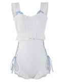 Milky White backless one-piece swimsuit on a model, showing sleeveless design and tight fit.