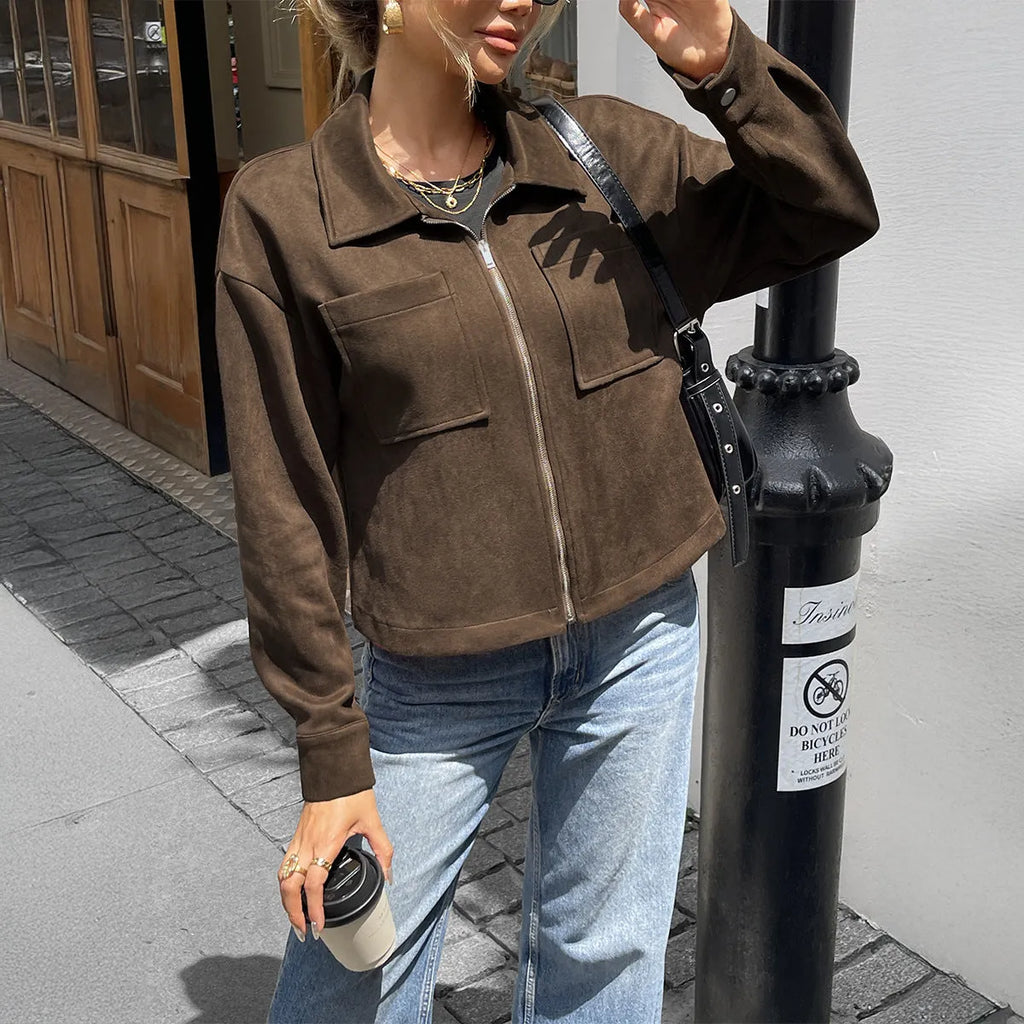 Women's turn-down collar long sleeve jacket coat in brown polyester fabric