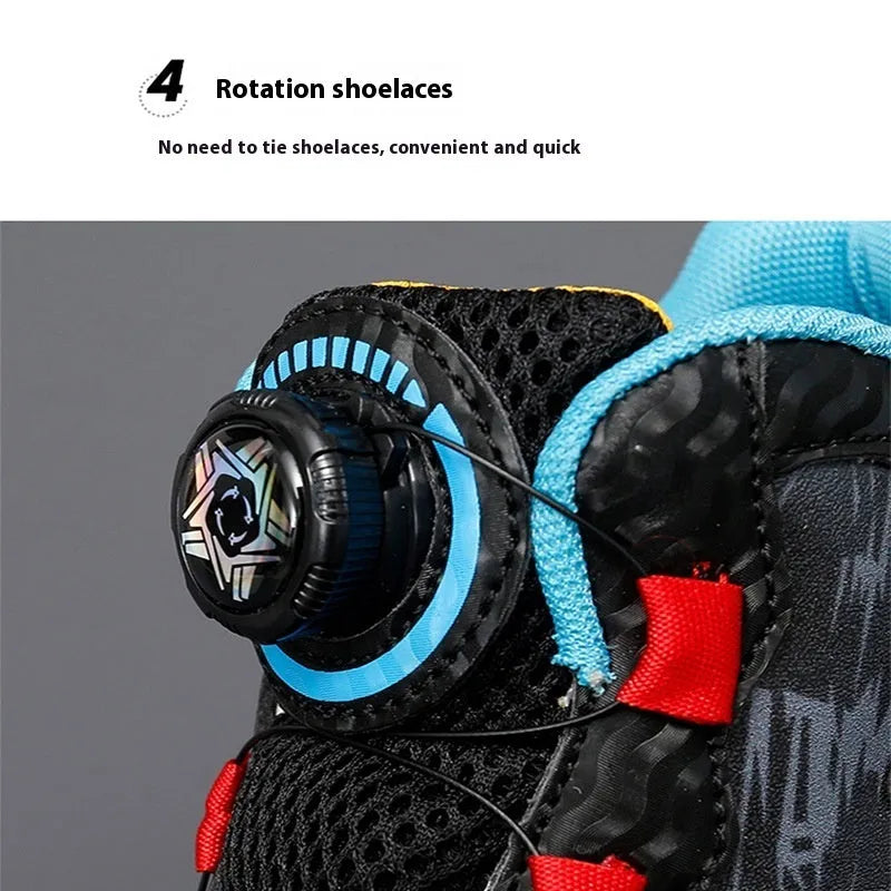 Children's rotating button closure basketball shoes in multiple colours with a PU sole.