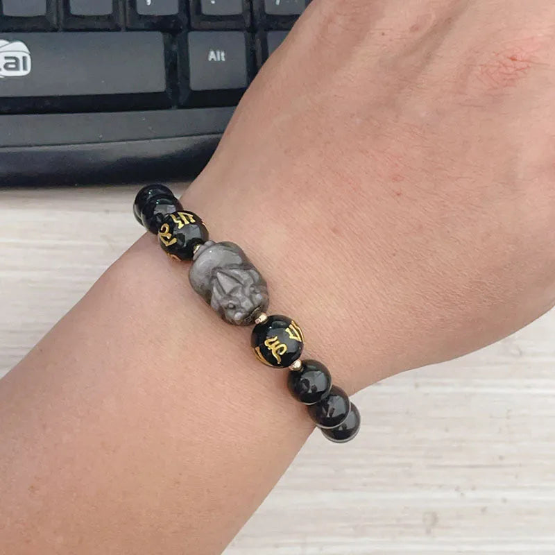 Men's silver stone bracelet with zodiac beads and engraved proverbs in Chinese style