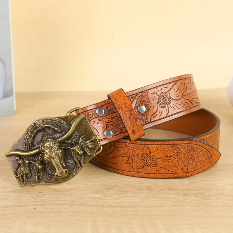 Cow head buckle men's imitation leather belt in black and brown colour options showing decorative alloy buckle detail