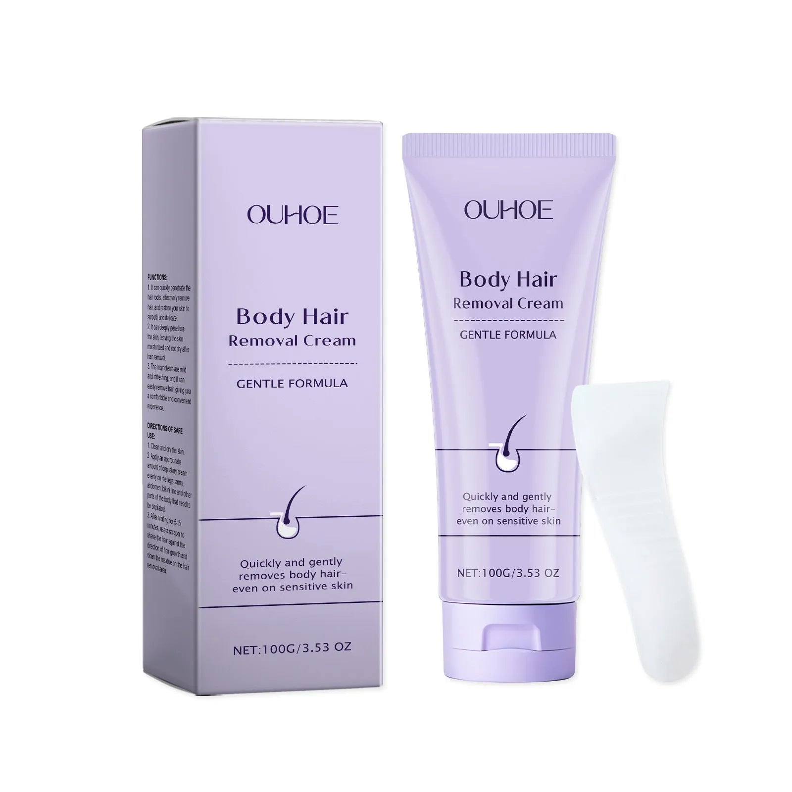 Ouhoe gentle body depilatory cream 100g tub with scraper for sensitive skin hair removal