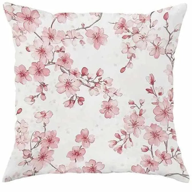 45cm square short velvet cushion cover with spring cherry blossom and letter print in assorted colours.