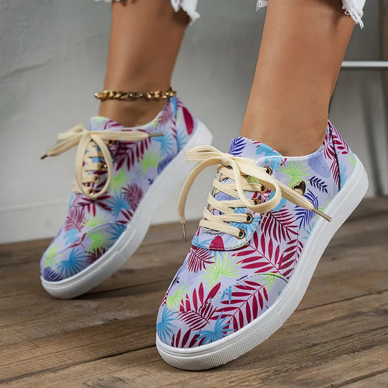 Light blue canvas lace-up flats for women round toe casual sneakers graffiti print