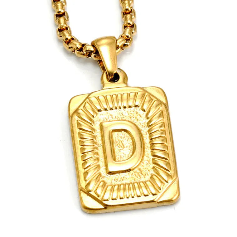 Gold-plated 18K titanium steel letter pendant necklace with pearl chain, gold colour, unisex design