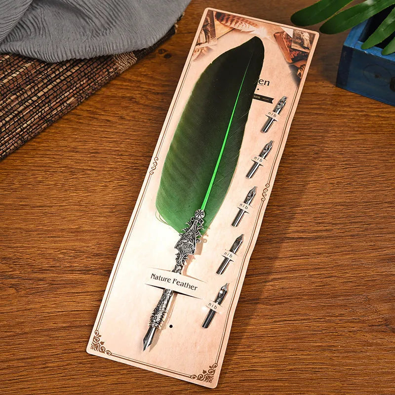 European retro vintage feather dip pen with zinc alloy shell in multiple colour options
