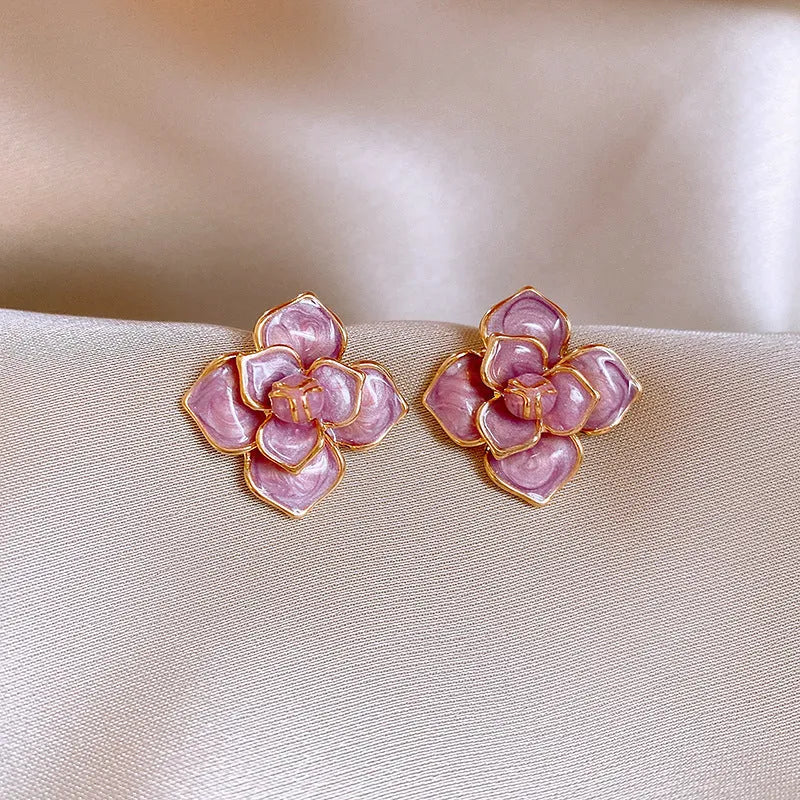 Gold plated purple oil-spot glaze flower stud earrings with fresh floral design and silver needle decoration