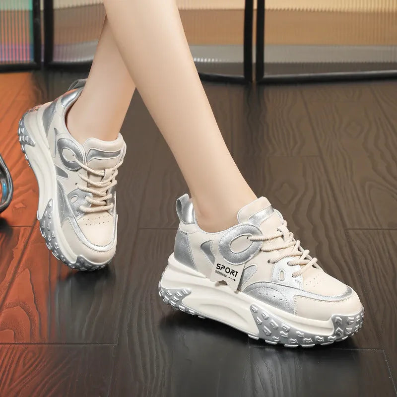 Leather sports casual shoes with thick sole and wedge heel in various colour options