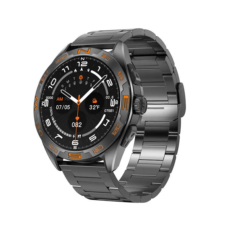 Smart watch with health monitoring display showing blood pressure, heart rate, and blood oxygen readings