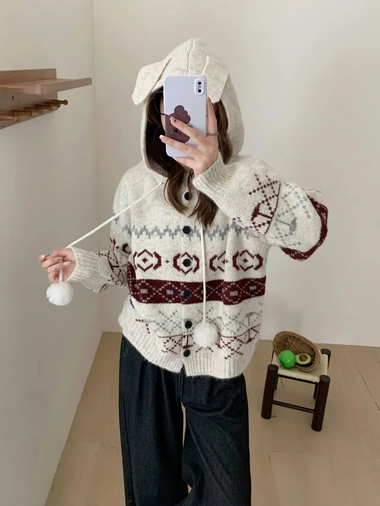 Plus size women's brocade sweater coat with geometric pattern in beige colour