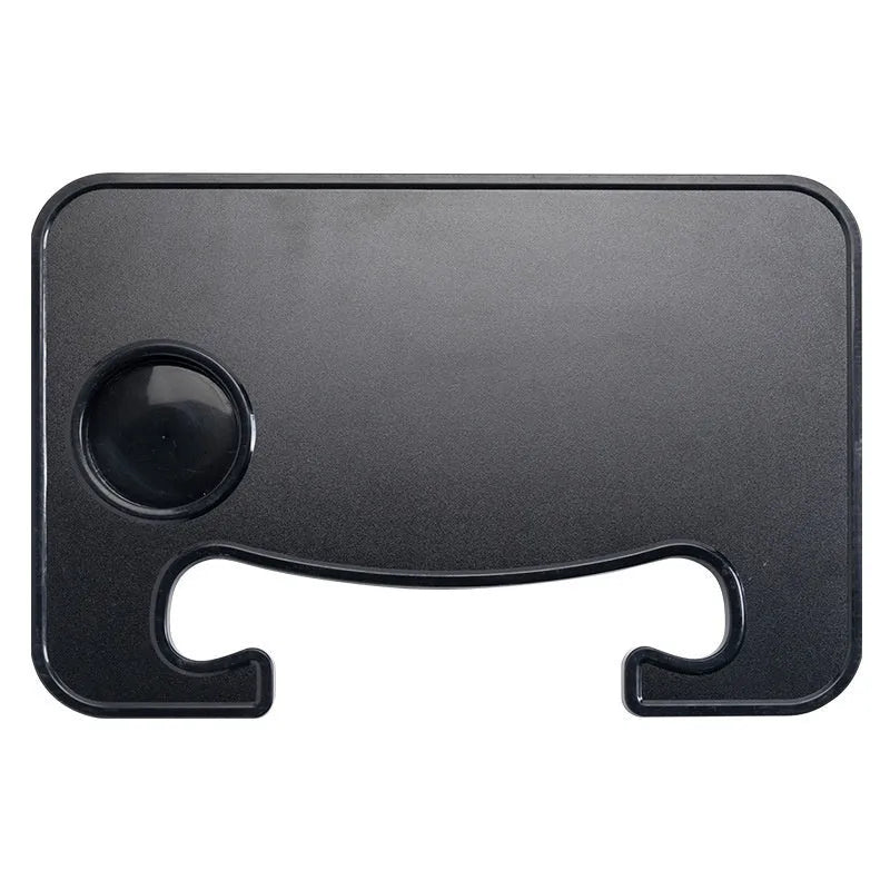 Black foldable ABS plastic tray positioned on a car steering wheel, shown with a laptop and foldable cup holder.