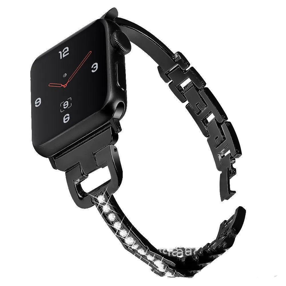 Apple Watch metal band with diamond detailing and D-shaped buckle in multiple colour options.