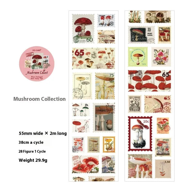 55mm wide retro journal decoration stamp roll with butterfly, forest, bird, or mushroom themed designs