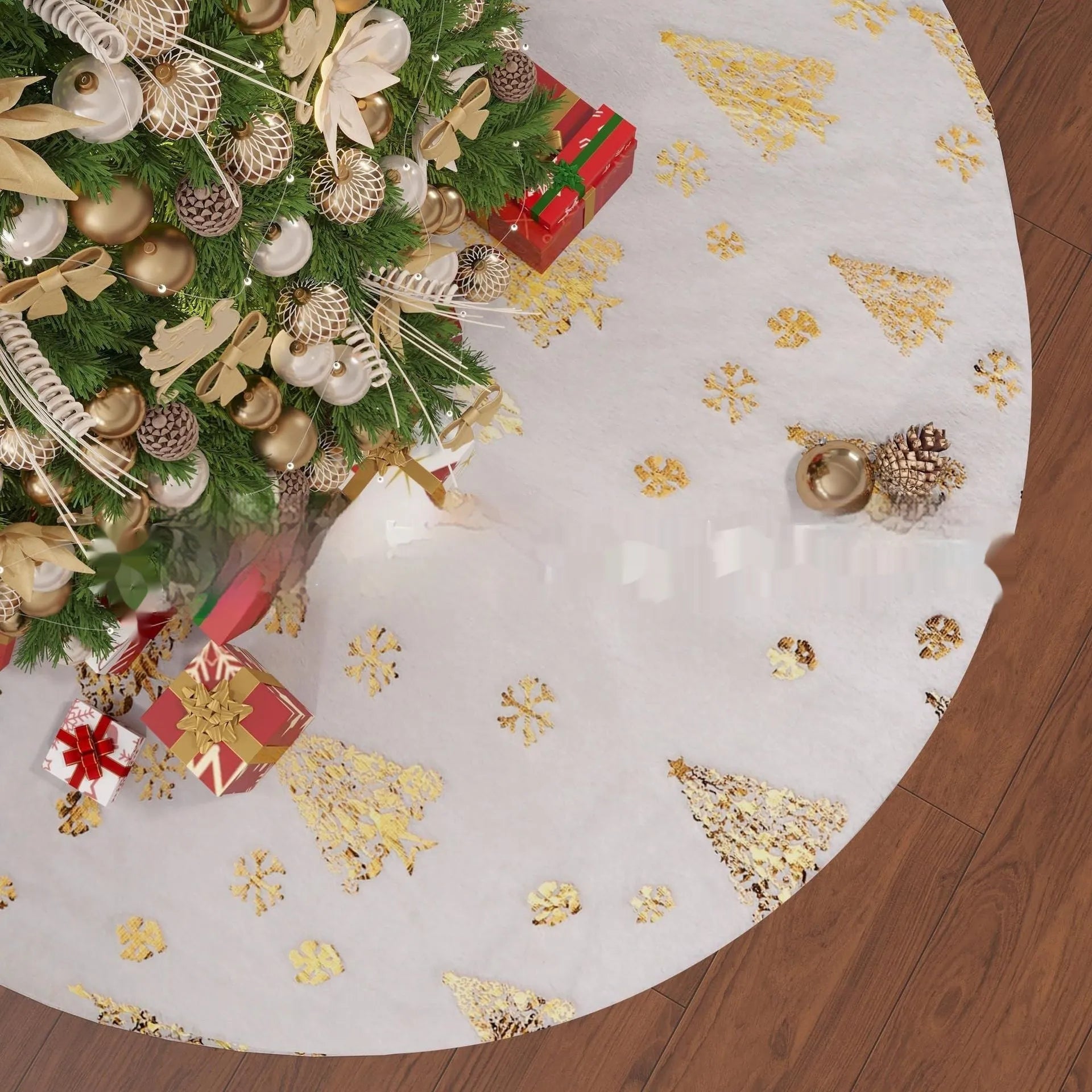 Plush red and green Christmas tree floor mat with snowflake design on a wooden floor.