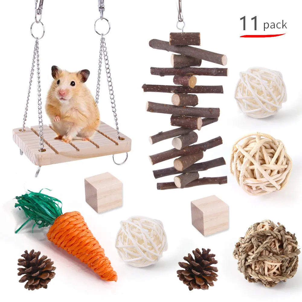 Assortment of natural wooden and woven chew toys for small pets like rabbits and parrots.