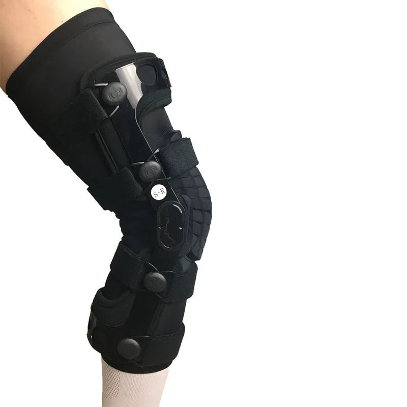 Black anterior ligament knee supporter with iron side stabilisers and sponge padding