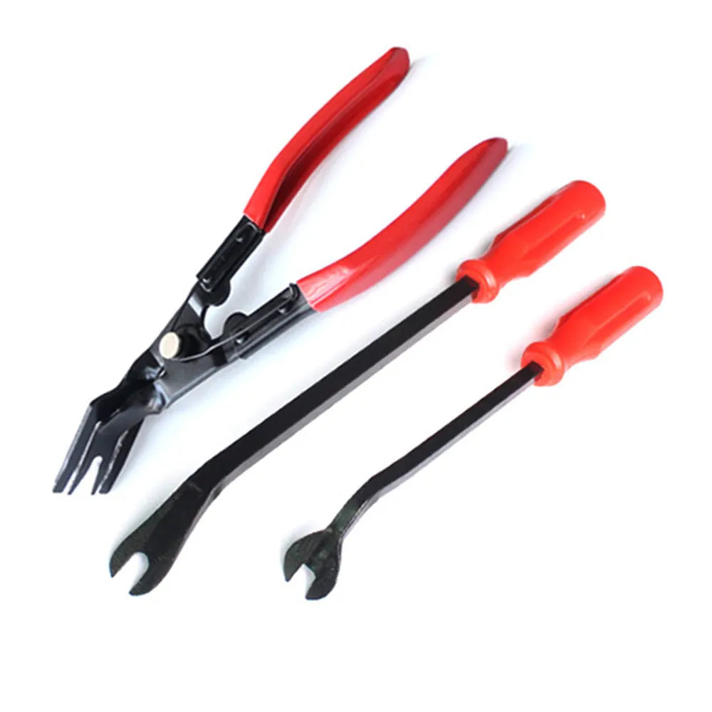 Red-handled steel automotive clip removal pliers for General Motors door panels.