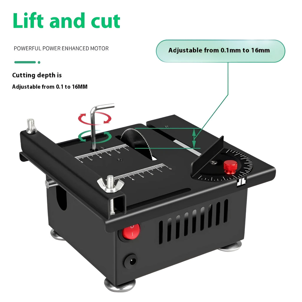 Lithium ion micro household desktop saw with metal construction and angle package for portable cutting