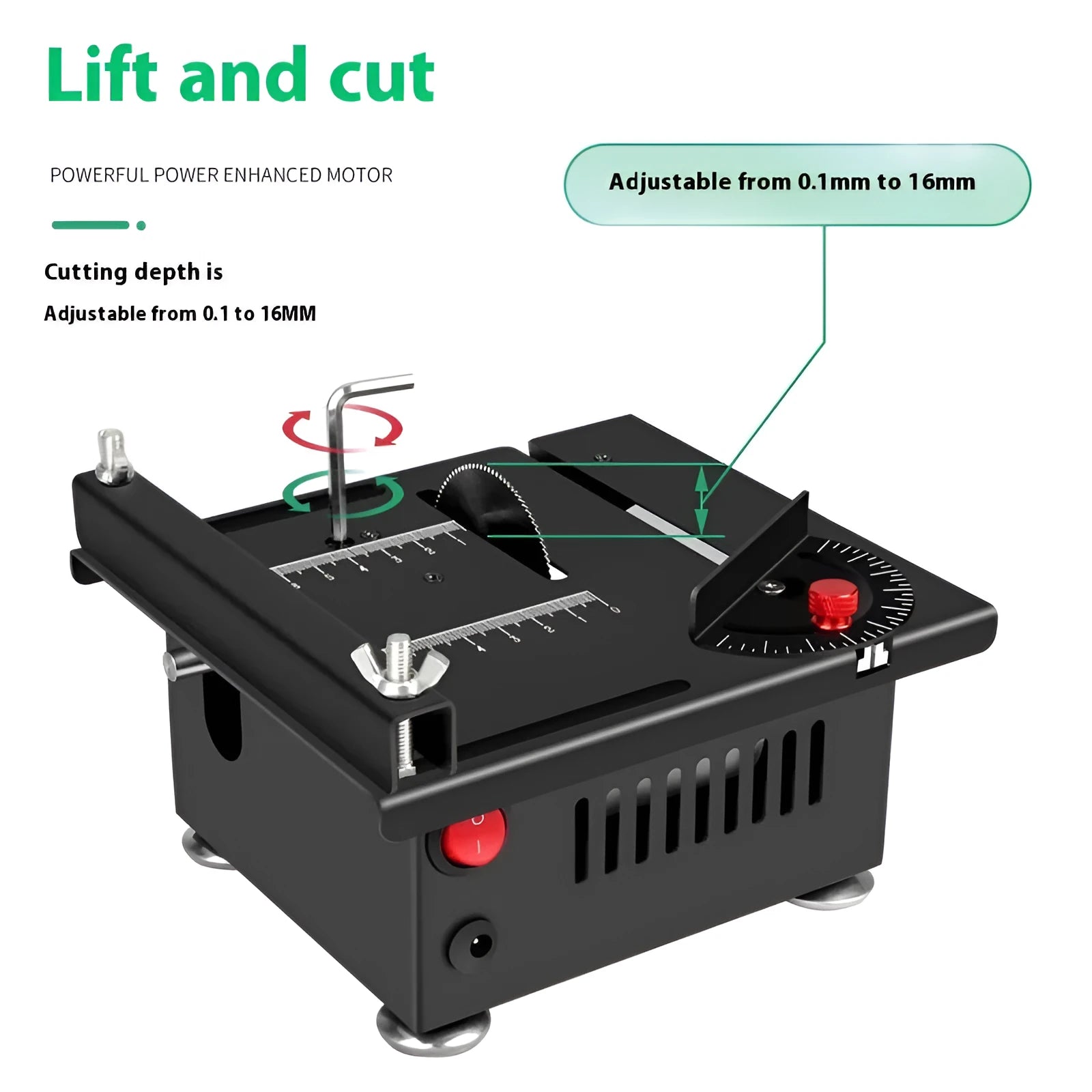 Lithium ion micro household desktop saw with metal construction and angle package for portable cutting