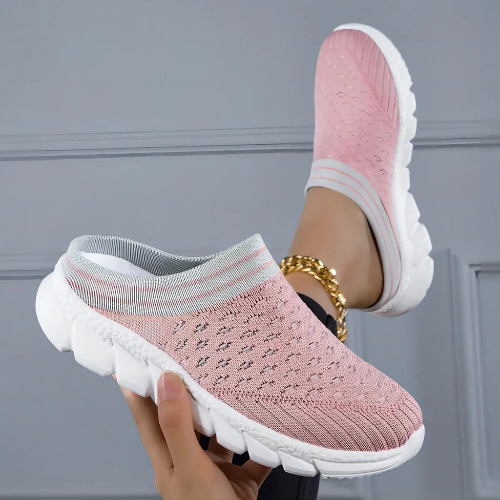Women's black Flyknit semi slipper shoes with striped hollowed-out pattern and viscose sole
