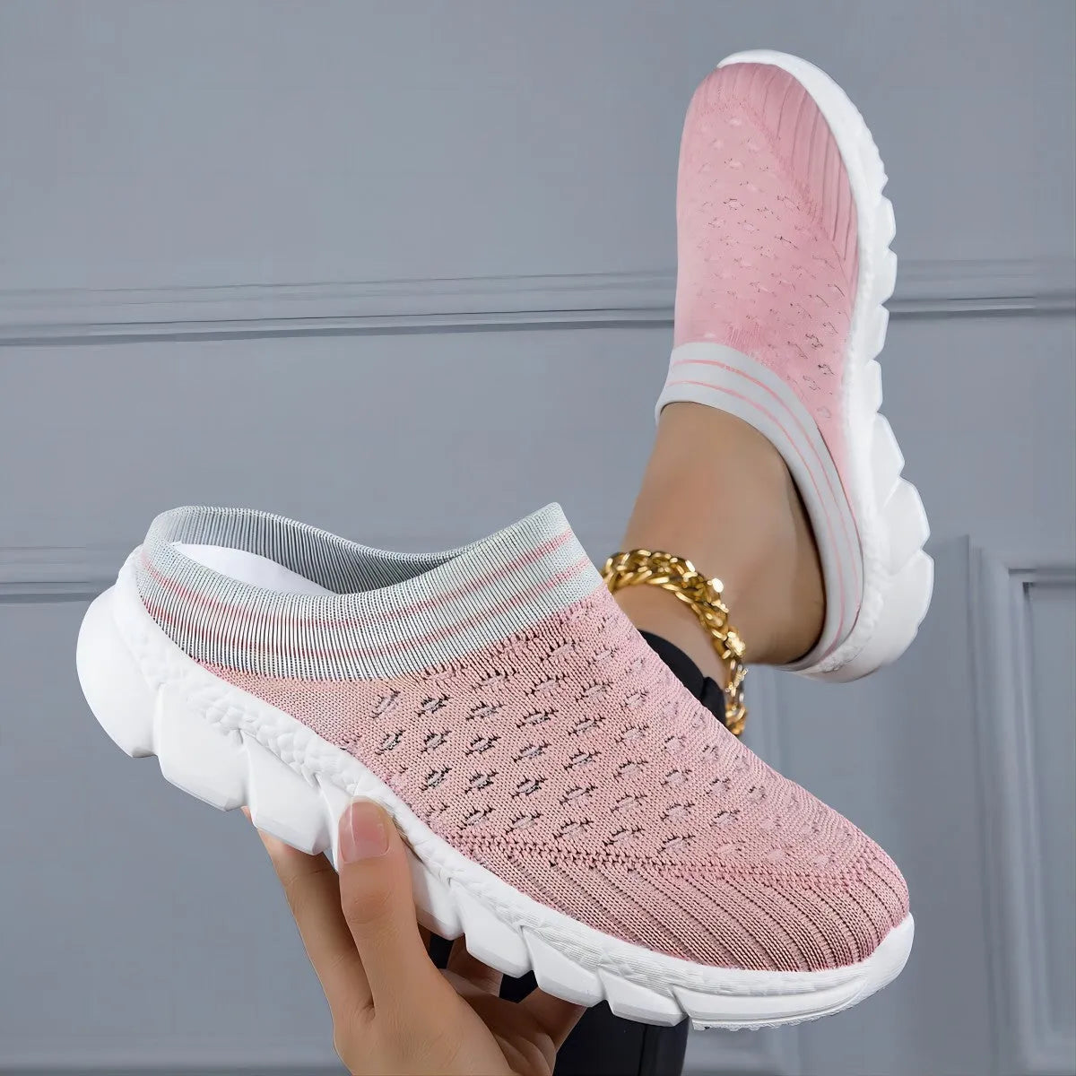 Women's black Flyknit semi slipper shoes with striped hollowed-out pattern and viscose sole