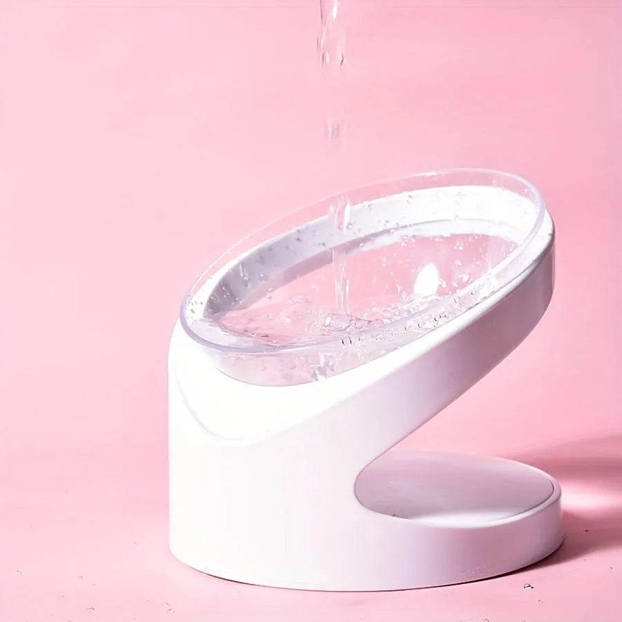 White elevated clear cat food bowl with anti-vomit tilt design