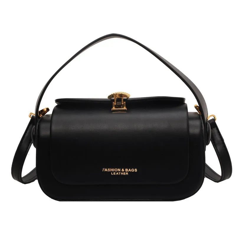 Women's casual shoulder bag with letter stitching in black PU leather
